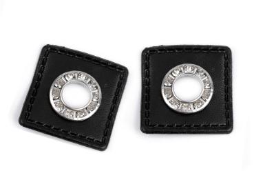 Ösenpatch mit Strass-Steinchen 30x30 mm Schwarz/Silber, Lochdurchmesser 8 mm 